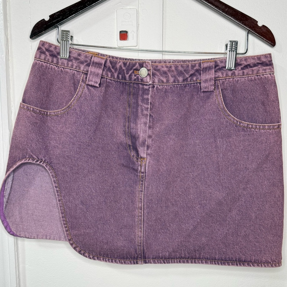 Purple acid wash denim mini with leg cutout
